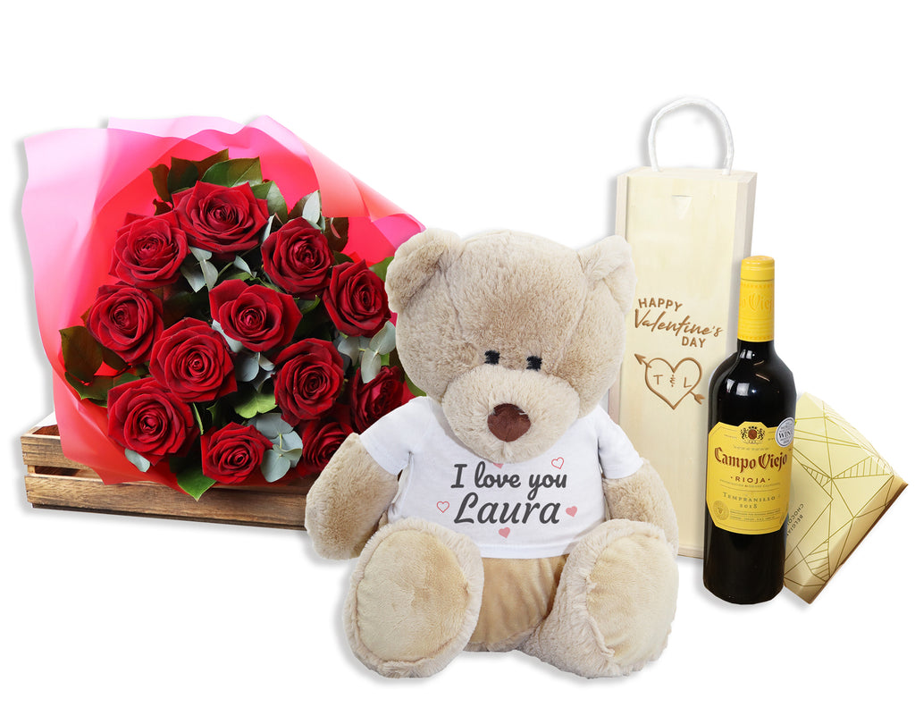Valentine's Day Hamper with Personalised 'I Love' Teddy with choice of drink