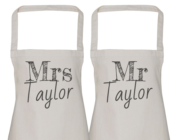 PERSONALISED Mr & Mrs Surname - Printed Aprons Set x2 - One Size