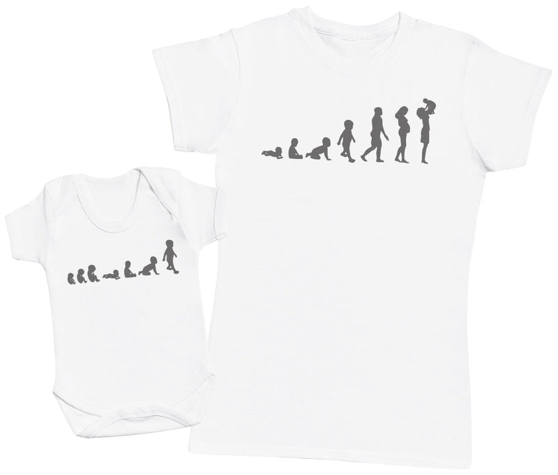 Evolution To Mummy & Baby - Baby T-Shirt & Bodysuit / Mum T-Shirt - (Sold Separately)