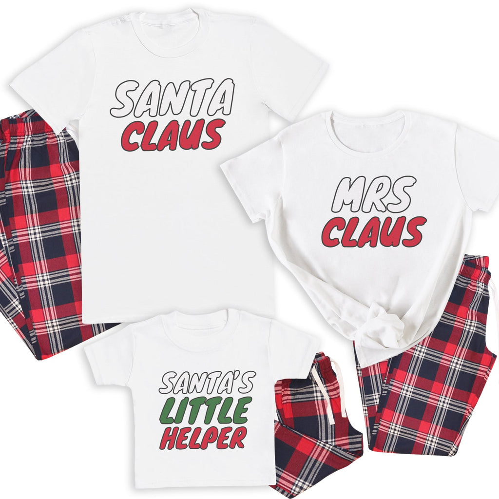 Santa Claus, Mrs Claus & Santa's Little Helper - Family Matching Christmas Pyjamas - Top & Tartan PJ Bottoms - (Sold Separately)