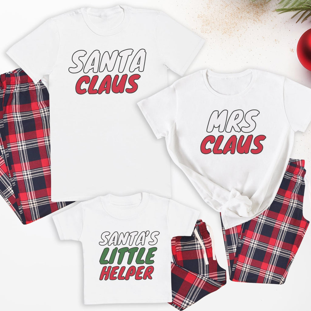 Santa Claus, Mrs Claus & Santa's Little Helper - Family Matching Christmas Pyjamas - Top & Tartan PJ Bottoms - (Sold Separately)