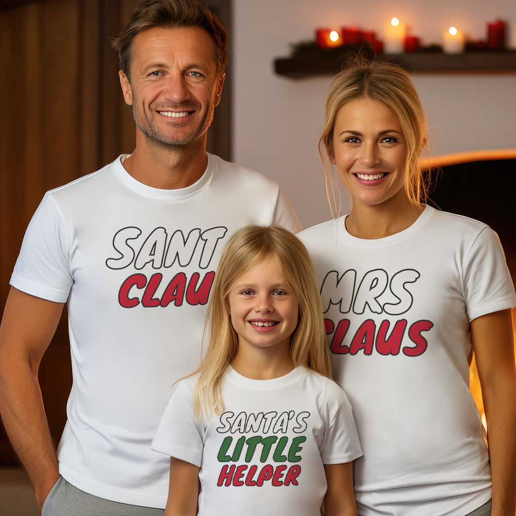 Santa Claus, Mrs Claus & Little Helper - Family Matching Christmas Tops - Adult, Kids & Baby - (Sold Separately)