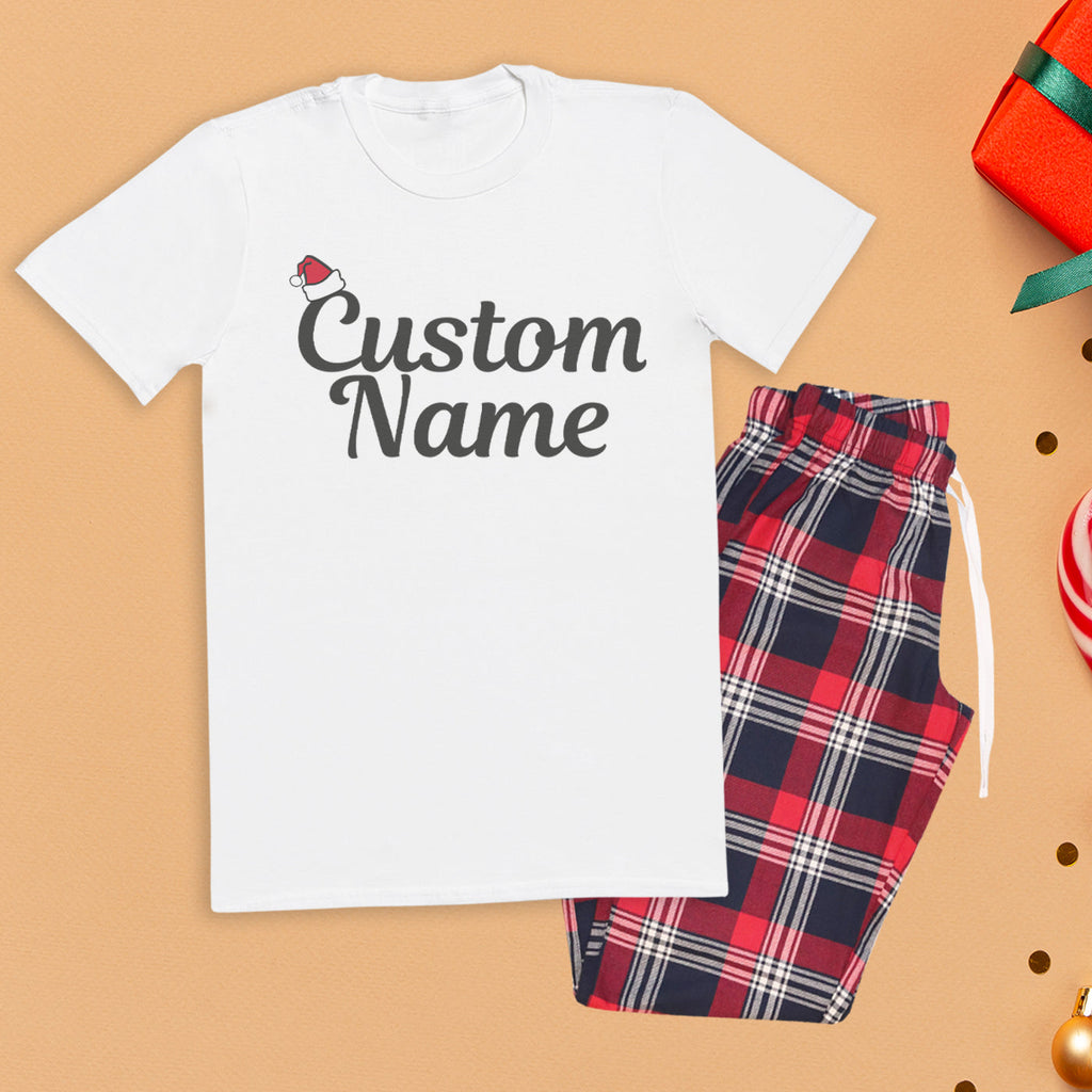 Personalised Name With Santa Hat - Family Matching Christmas Pyjamas - Top & Tartan PJ Bottoms
