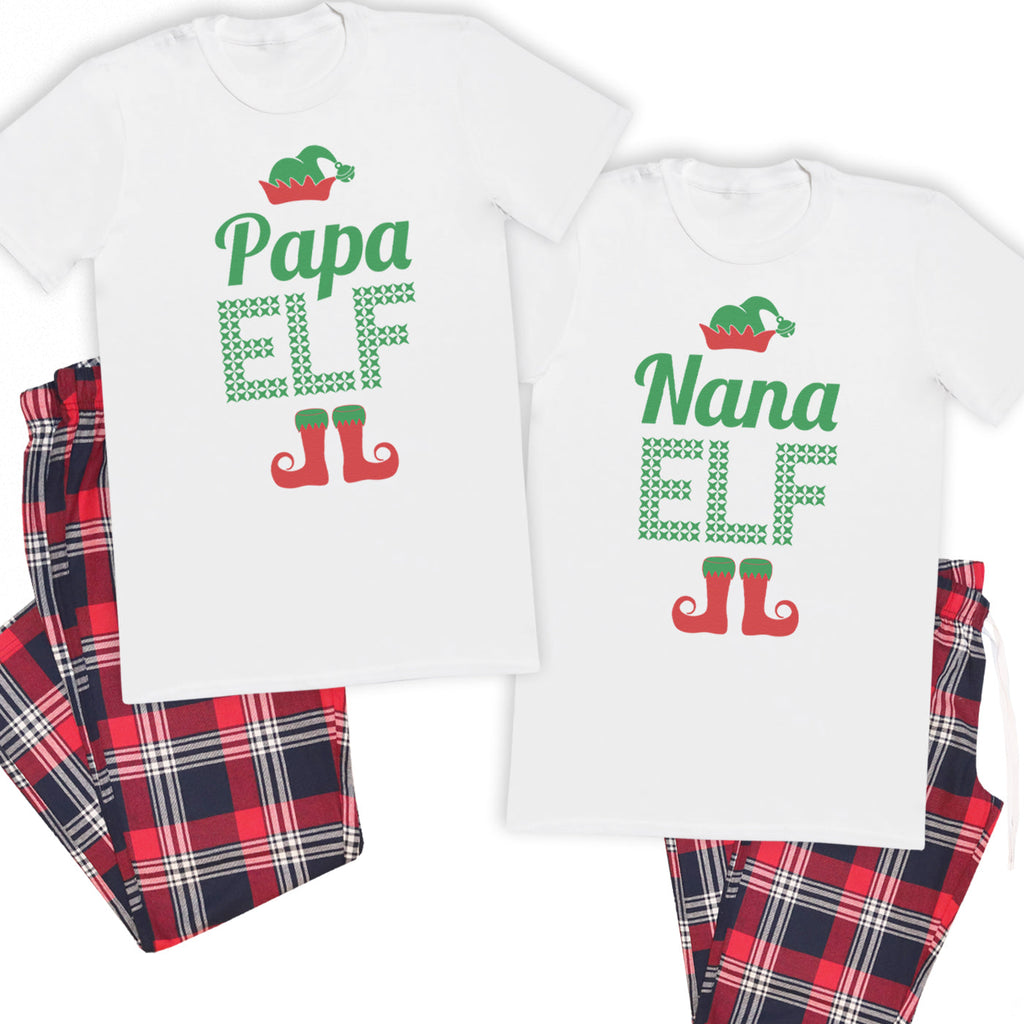 Papa Elf, Nana Elf - Family Matching Christmas Pyjamas - Top & Tartan PJ Bottoms - (Sold Separately)