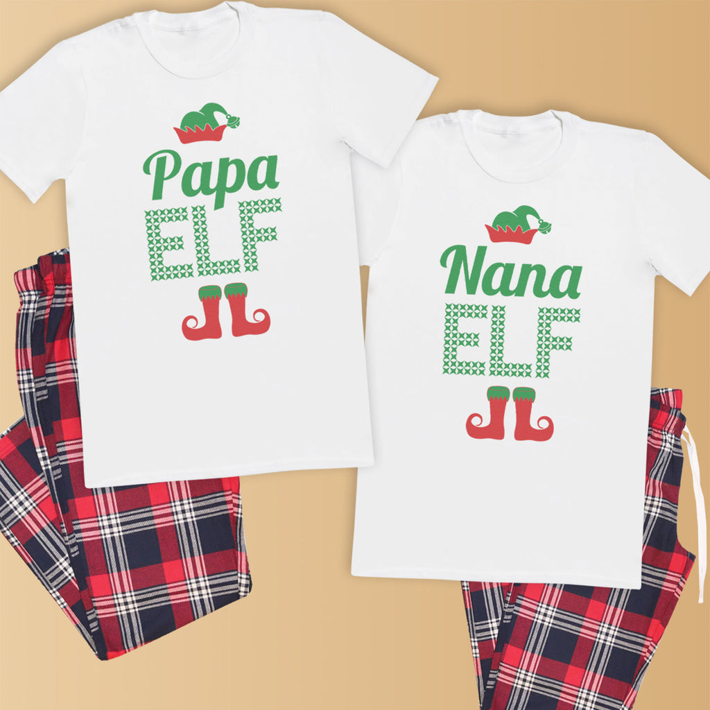 Papa Elf, Nana Elf - Family Matching Christmas Pyjamas - Top & Tartan PJ Bottoms - (Sold Separately)