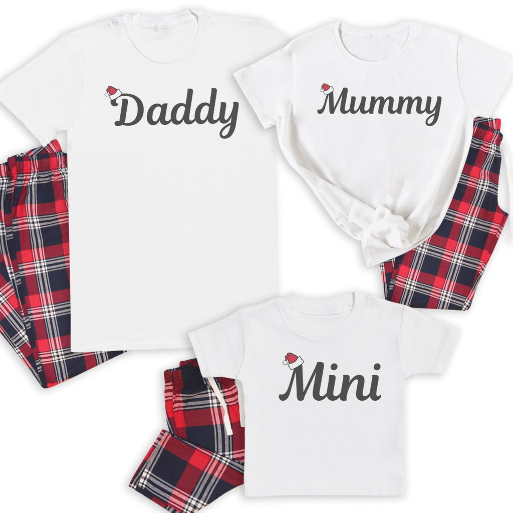 Daddy, Mummy & Mini Santa Hat - Family Matching Christmas Pyjamas - Top & Tartan PJ Bottoms - (Sold Separately)