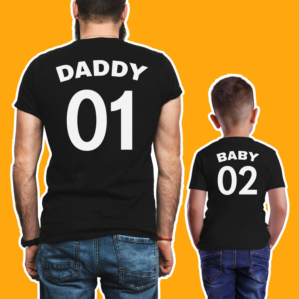 Daddy 01 Baby 02 - Matching Set - Baby Bodysuit & Dad T-Shirt - (Sold Separately)