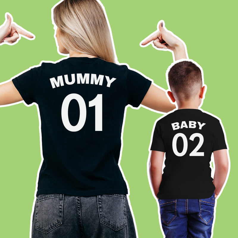 Mummy 01 Baby 02 - Baby T-Shirt & Bodysuit / Mum T-Shirt Matching Set - (Sold Separately)