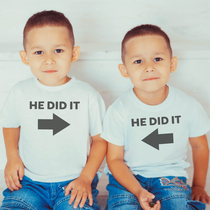 He Did It & He Did It Twin Set - Baby Bodysuit & Kids T-Shirt - (0M to 14 yrs)