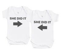 She Did It & She Did It Twin Set - Baby Bodysuit & Kids T-Shirt - (0M to 14 yrs)