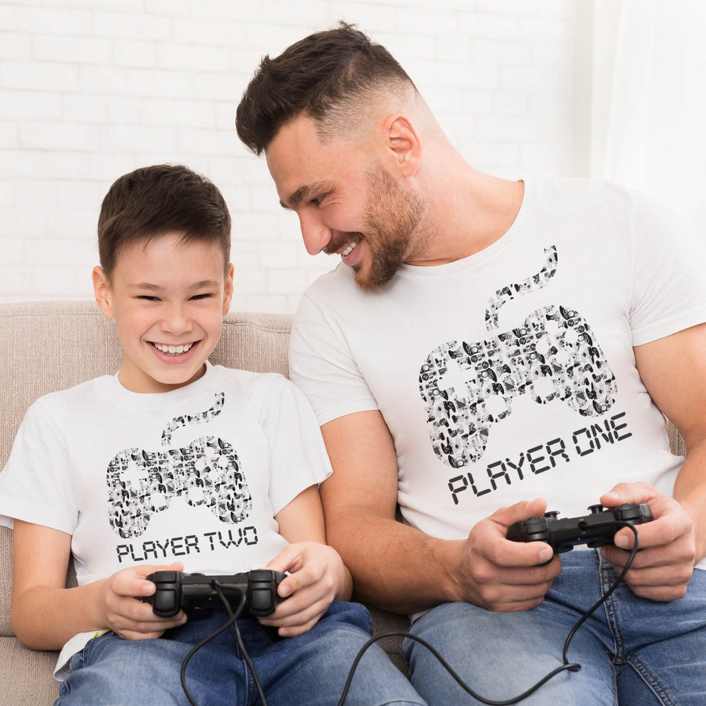 Player One & Player Two - Baby / Kids T-Shirt & Dad / Mum T-Shirt Set - (Sold Separately)