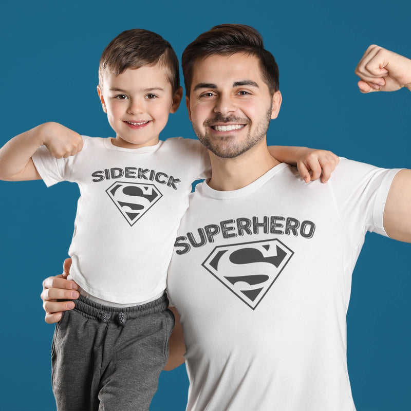 Sidekick & Superhero - Baby / Kids T-Shirt & Father's T-Shirt Set - (Sold Separately)